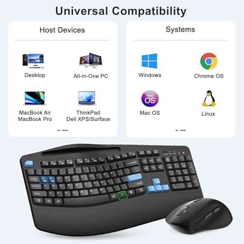 Wireless Keyboard and Mouse Combo, Full Size Ergonomic Wave Keys(Blue) - color: Blue Black