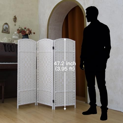 Compact 3 Panel Short Room Divider, 47.2 Inch Tall Double-Sided Rattan Folding Screen for Home & Office,White - color: White, size: 3 Panel