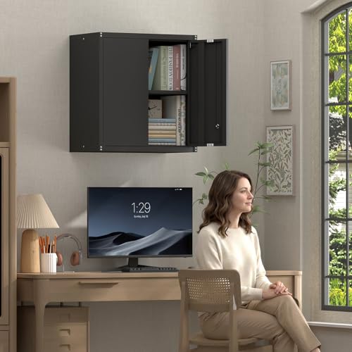 Steel Wall Cabinet, Metal Locking Wall Cabinet, Hanging Metal Cabinet for Garage Tool Storage, Wall Mount Tool Cabinet for Garage, Laundry Room, Office, Black - color: 28"h - Black