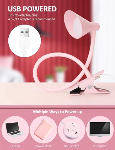 LiFMIRA Pink Small Desk Lamp Clip on LED Reading Light for Bed | 3 Color Modes 10 Dimmable Brightness, Book in Bed Headboard, Flexible Reading Lamp with Clamp BL08 - color: Pink