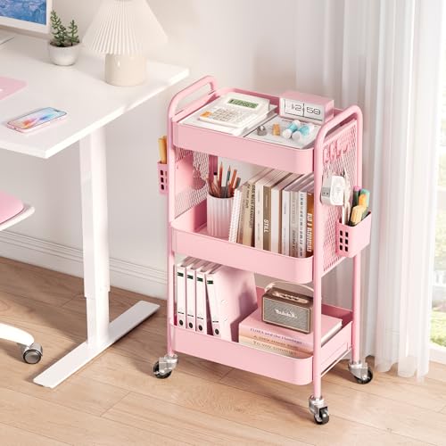 TOOLF 3 Tier Rolling Cart Storage Organizer, Metal Rolling Utility Cart with Wheels, Hooks & Bins Esthetician Craft Art Sturdy Storage with Pegboard for Bathroom, Kitchen, Office, Nursery Diaper - color: Pink, size: 3-Tier
