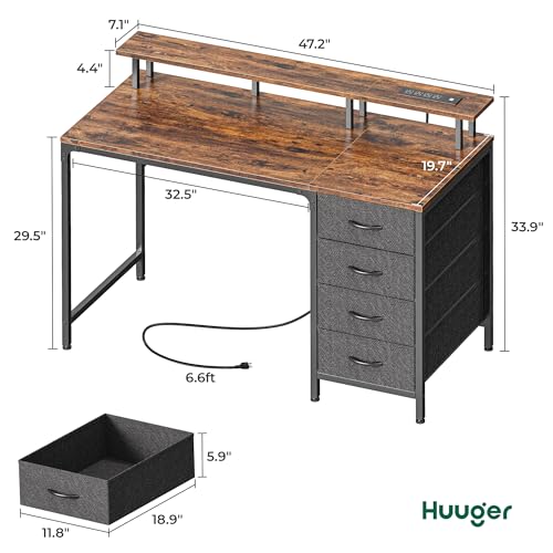 Huuger 47 Inch Computer Desk with Power Outlets and LED Lights, Gaming Desk with 4 Drawers, Office Desk with Monitor Stand, Study Work for Home Office, Small Spaces, Rustic Brown - color: Rustic Brown, size: 47 INCH