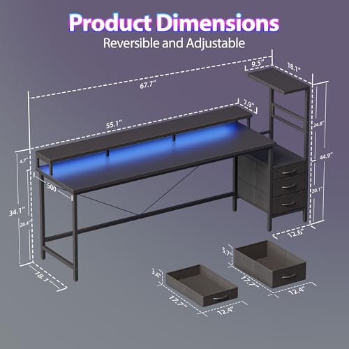 Mericonia 68 inch Gaming Desk with Drawers, Reversible Computer Desk, Black - color: Black, size: 68*20