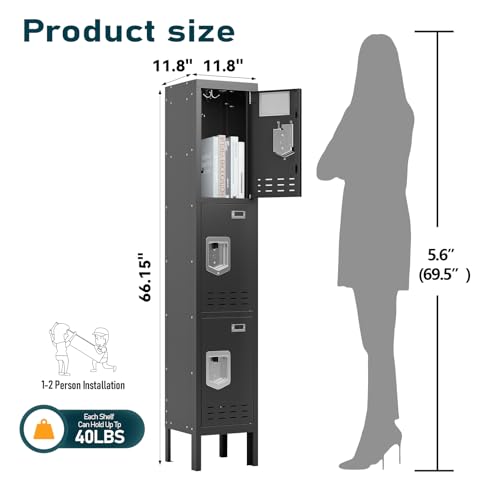 BUTISOW 3 Door Employee Metal Locker w/Card Slot for School Gym Office | Ventilated Metal Steel Locker with Mirror & Multi Hooks for Secure Storage - color: Black, size: 3 Door - (66.15" H x 11.8" W x 11.8" D)