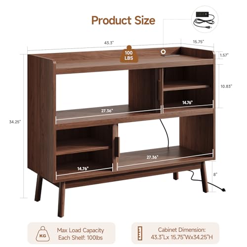 ONBRILL 44" Sideboard Buffet Cabinet with Outlet & Sliding Door, Wlanut - color: Wlanut, size: 44"
