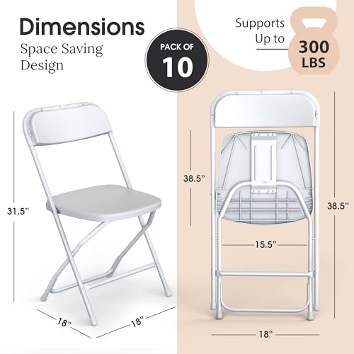 10 Pack Foldable Plastic Chair | Folding & Stackable | 350 lbs Capacity Steel Frame Seats for Indoor Outdoor | Commercial Use Events Wedding Party Bulk Picnic Kitchen Dining - White - color: White