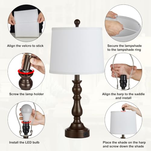 Brown Table Lamps Set of 2, Brown Lamps for Bedroom, USB C+A Ports - color: G. White Shade & Brown Base