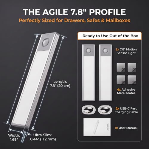Under Cabinet Lighting, 2400mAh Motion Sensor Light Indoor, 2 Pack | 7.8in Rechargeable Closet Lights, 10s/20s Delay, Magnetic Battery Operated Under Counter Lights for Kitchen & Stairway - size: 7.8 Inch