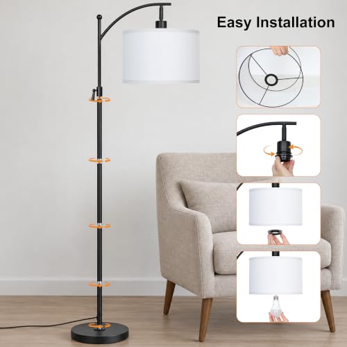 JUNNAI Black Arc Floor Lamp 55-63" Adjustable, 3 Color 9W LED Bulb Included - color: Black+White Shade-Arc