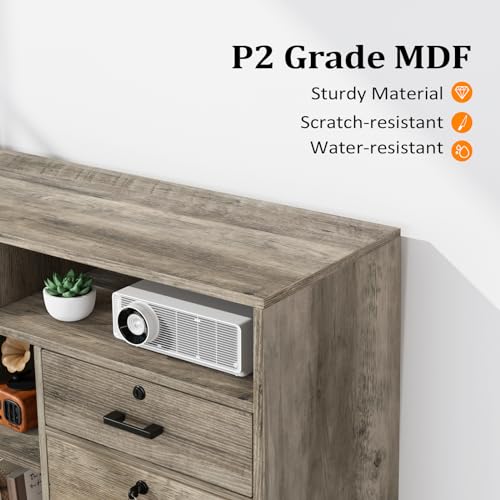 VINGLI Wide 4 Drawer File Cabinet with Lock, Rustic Grey Rolling File Cabinet with Open Shelves, Lockable Printer Stand, Letter Sized - color: Rustic Grey