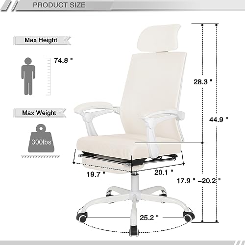 Qulomvs Mesh Ergonomic Office Chair with Footrest Home Office Desk Chair with Headrest and Backrest 90-135 Adjustable Computer Executive Desk Chair with Wheels 360 Swivel Task Chair - color: Cream White With Footrest