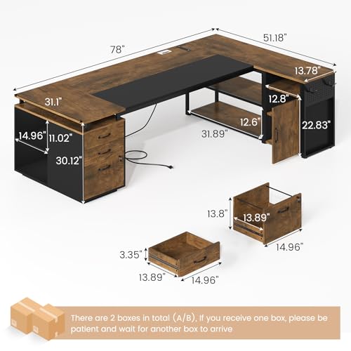 78" Executive Desk with Lockable File Cabinet, L Shaped Office Desk with Power Outlets, Large Executive Desk with Drawers and Storage Shelves, Reversible Computer Desk, Rustic Brown - color: Rustic Brown
