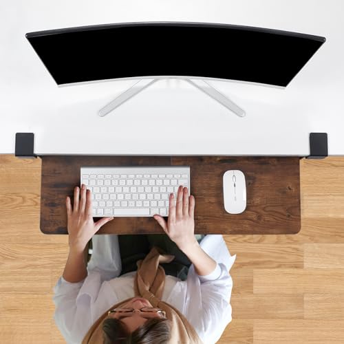 Keyboard Tray Under Desk with Drawer,26.77" X 11.81"Large Size Keyboard Tray with C Clamp-on Mount, Easy to Install, for Home Office (Mahogany) - color: Mahogany