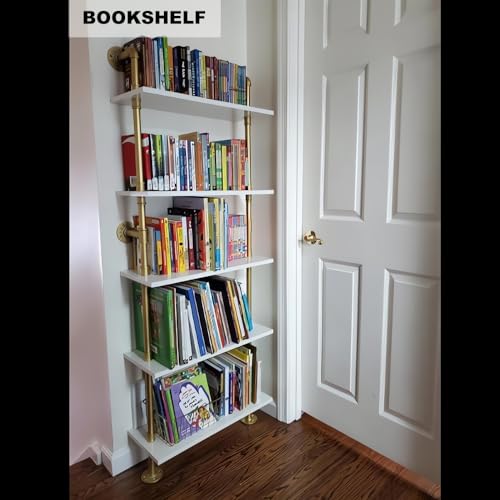 5 Shelf Modern Gold Bookshelf, Wall Mount White Bookcase, Ladder Shelf with Metal Frame, Display Shelf Shelves for Living Room/Home/Office - color: Gold, size: 5 tier