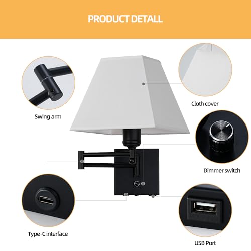 Swinging arm wall lamp, Fabric lampshade, with Plug and dimming Rotary Switch, USB and Type-C Charging Port, Suitable for Bedside, Living Room, Hotel and Bedroom wall Lamps - color: White square lampshade