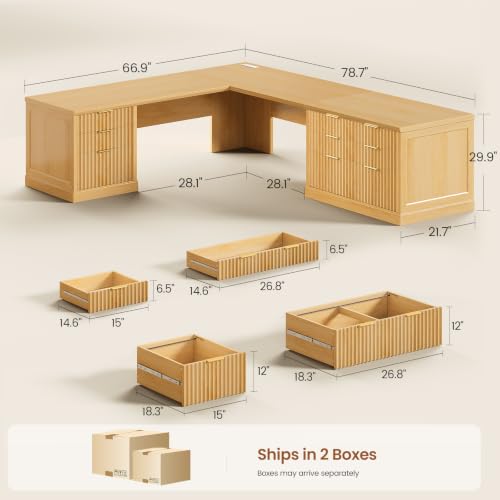 SEDETA Fluted 78.8" L Shaped Desk with 6 Drawers, Fluted Oak | Home Office Desk with Power Outlet, File Cabinet Storage, Wood Corner Computer Desk for Work and Study - color: Fluted Oak, size: 78.8" L Shaped Desk