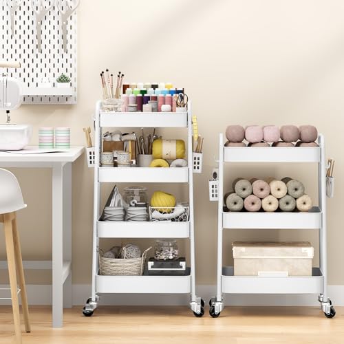 TOOLF 4 Tier Rolling Cart, Metal Utility Storage Cart with Pegboard, White | 2 Bins & 4 Hooks, Screwless Assembly, Lockable Wheels, Trolley Organizer for Bathroom, Kitchen, Office, Dorm, Craft Room - color: White, size: 4-Tier