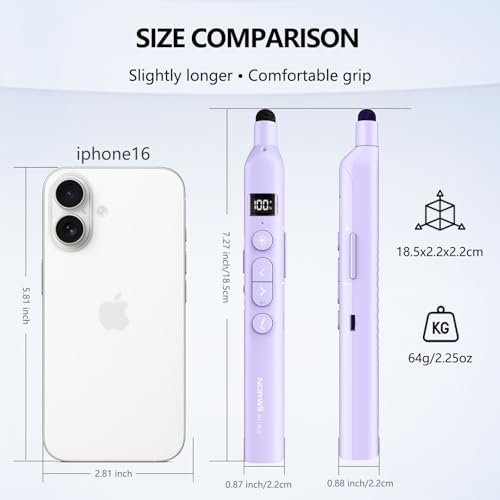 N21 Bluetooth Presentation Clicker for PowerPoint with Retractable Pointer | ①Laser Pointer②Telescopic touch pen③Countdown timer, vibration alert ④Customizable Button ⑤Rechargeable;battery level display - color: Purple - Green Pointer