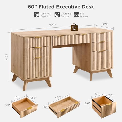 T4TREAM 60-Inch Modern Fluted Executive Desk with Drawers, Natural Oak | Charging Station, File Cabinet, Keyboard Tray, Storage Cabinet, Organized Workspace for Home, Office - color: Natural Oak