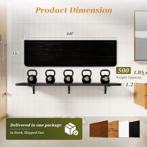 Dogsky Floating Wall Desk 60" x 16" - 500 lbs Heavy Duty Solid Pine - color: Black, size: 60" x 16"