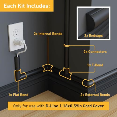 D-Line Medium Cable Raceway Accessory Pack, Join 1.18in x 0.59in Cord Cover Lengths, 10 Accessories Included, Hide Cords Around a Variety of Angles - Black - color: Black, size: 1.18x0.59in - 10 Accessories