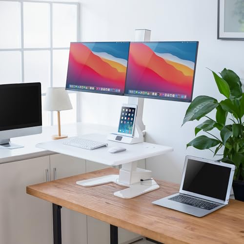 Mount-It! Electric Standing Desk Converter, Motorized Sit Stand Desk Riser with Dual Monitor Mounts, Adjustable Height Ergonomic Workstation with 28” Wide Platform and Tablet/Phone Slot, White - color: White, size: Dual Monitor