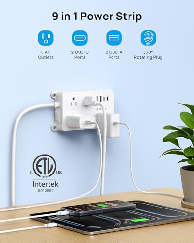 TROND 360° Rotating Power Strip, 1300J Surge Protector, 5ft, White - color: White, size: 5ft, style: 5 Outlets - with Rotating Plug