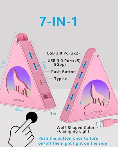 7 USB 3.0 Ports, Howling Wolf Pink USB Hub - 2FT Long Cable, Vertical USB Hub Expander Compatible with PC, Laptop, Flash Drive, HDD, Console, Printer, Keyborad, Mouse - color: Pink