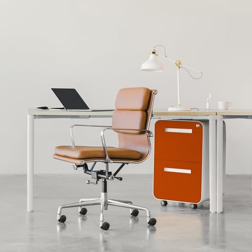 Laura Davidson Furniture Stockpile 2 Drawer Mobile File Cabinet with Lock - Under Desk Metal Filing Cabinet, Legal/Letter File Folders, Wheels and Stationary Feet, Pre-Assembled, White/Orange - color: White/Orange
