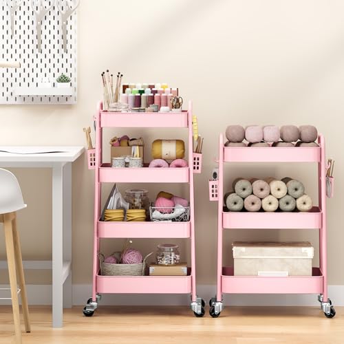 TOOLF 4 Tier Rolling Cart, Metal Utility Storage Cart with Pegboard, Pink | 2 Bins & 4 Hooks, Screwless Assembly, Lockable Wheels, Trolley Organizer for Bathroom, Kitchen, Office, Dorm, Craft Room - color: Pink, size: 4-Tier
