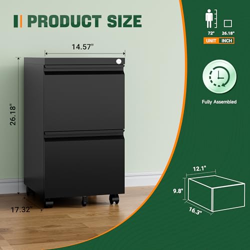 Letaya Mobile File Cabinet with Lock,2 Drawer Under Desk Metal Rolling Filing Cabinets for Home Office Organizer Letters/Legal/A4(Fully Assembled-Black) - color: Black, size: 14.57"W X 17.32"D X 26.18"H (Fully Assembled)