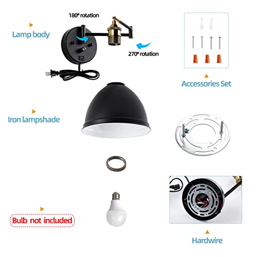 Swing Arm Wall Sconces, Plug-in Wall lamp,Bedroom Wall lamp , White Fabric Shade,,with dimmable Switch and USB Charging Port, Suitable for Bedside, Living Room, Reading (Metallic Black) - color: Metallic black