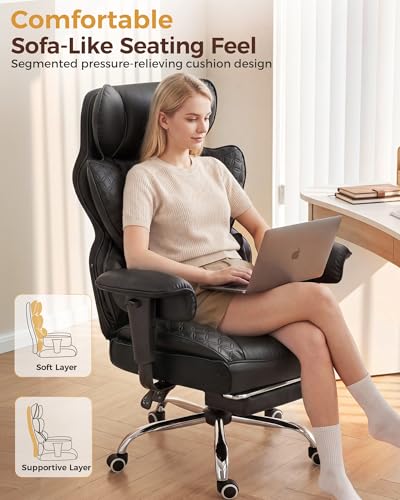 COMHOMA Big and Tall Office Chair Heavy Duty Gaming Chair with Deluxe Embossing Leather High Back Wider Ergonomic Computer Chair with Foot Rest 145°Reclining Pocket Spring Lumbar Support - color: Coal Black