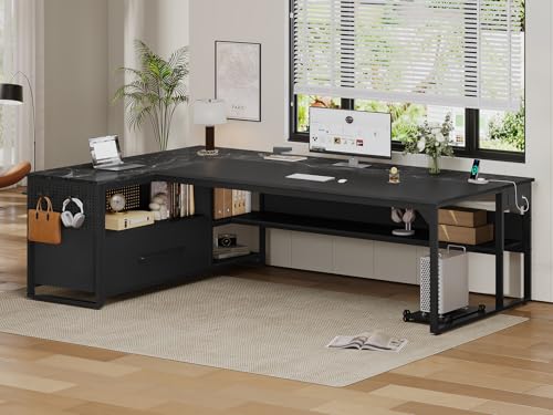 UPOSOJA 71" Executive Desk, L Shaped Office Desk with Widen File Drawers - color: Black, size: Widen Drawer