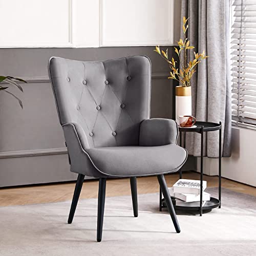 Furniliving Modern Accent Chair, Velvet Tufted Button Wingback Chair Upholstered Side Armchair Comfy Lounge Chair with Tapered Legs Sofa Leisure Chair for Home Office/Living Room/Bedroom, Grey - color: Grey, size: Set of 1