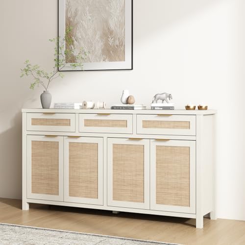 HOKYHOKY 63" Rattan Sideboard Buffet Cabinet, Boho Storage Cabinet - color: Rustic White, size: 63-Inch
