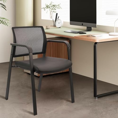 CLATINA Mesh Back Stacking Guest Chairs Leather,Stackable Waiting Room Arm Chair with PVC Upholstered for Office Reception Hospital Lobbies Schools Conference Medical Meeting Churches Black - size: 1 Pack