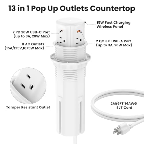 VILONG Pop Up Countertop Outlet with 15W Wireless Charger,4 USB/8 AC - color: White, size: 20W