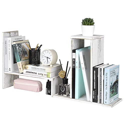 MyGift Adjustable Whitewashed Solid Wood Desktop Storage Organizer Display Shelf Book Rack, Office Desk Bookshelf - color: Whitewashed