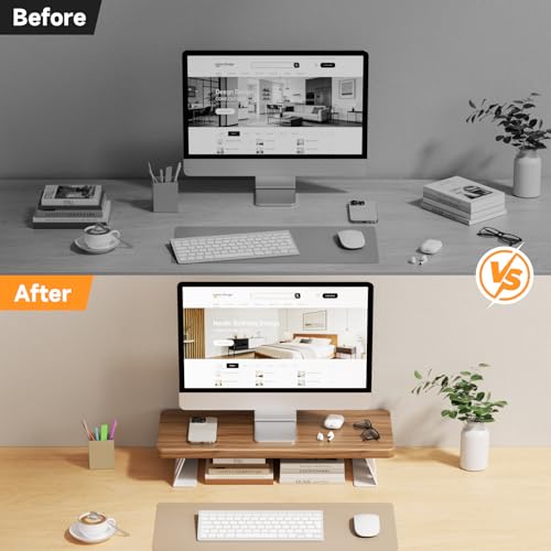 Monitor Stand Riser, 24 Inch Wood Desk Monitor Riser for Laptop/PC/Printer - color: Light Walnut - White Legs