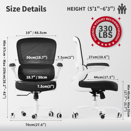TRALT Ergonomic Office Chair Desk Chair with Adjustable Lumbar Support | Desk Chair Comfy with Flip-up Armrests Ergonomic Chair - Mesh Computer Chairs for Adults, 330lbs, PU Leather (Black White, 1) - color: Black White, size: Pack of 1