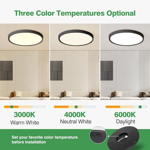 24Inch 2PK Black Large LED Flush Mount Ceiling Light, 3CCT, 50W, 5480LM | 3000K/4000K/6000K CCT, Black Close to Ceiling Round Flat Panel Light, Super Slim LED Ceiling Light for Kitchen, Bedroom - color: Black, size: 24" 2PK