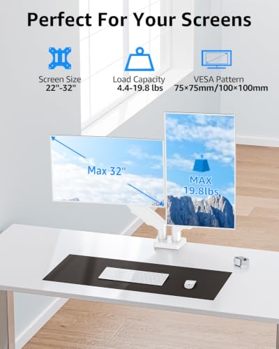 Dual Monitor Stand fits up to 32 inch, 4.4-19.8 lbs Computer Screens, Dual Monitor Desk Mount Height Adjustable, Monitor Arms for 2 Monitors, Home Office VESA Mounts, Freelift White - color: White, size: Dual