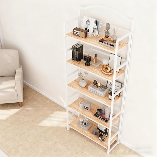 JSB 5 Tier No Assembly Folding Bookshelf, Arched Bookshelf, Foldable Bookcase for Living Room, Bedroom, Office,Skinny Bookshelf (White) - color: White, size: 5-Tier