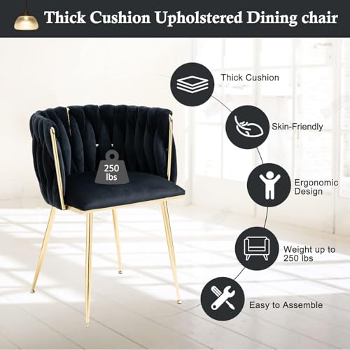 NIOIIKIT Modern Velvet Dining Chairs Hand Weaving Accent Chairs Living Room Chairs Upholstered Side Chair with Golden Metal Legs for Dining Room Kitchen Vanity Living Room (Black) - color: Black
