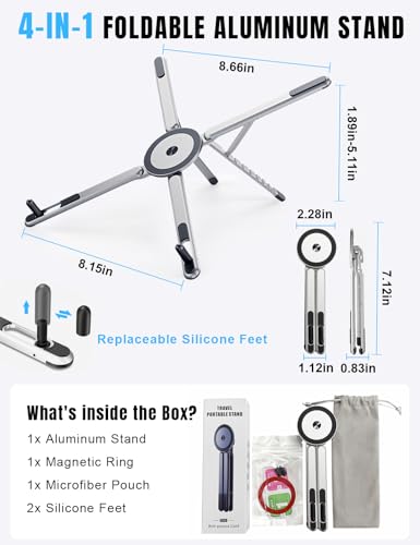 4-in-1 Foldable Laptop Stand & Magnetic Phone Holder, Silver Aerospace Aluminum Portable Desk Mount with N52 MagSafe Compatible Tripod Handle for MacBook Pro, iPad, Travel & Vlogging - color: Silver