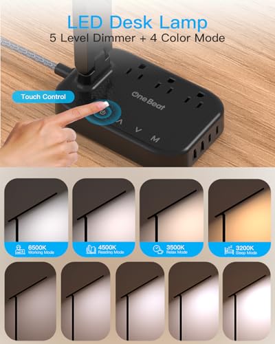 LED Desk Lamp, 10Ft Power Strip with 3 Outlets 4 USB Ports(2 USB C), Black - color: Black, size: 10 Ft