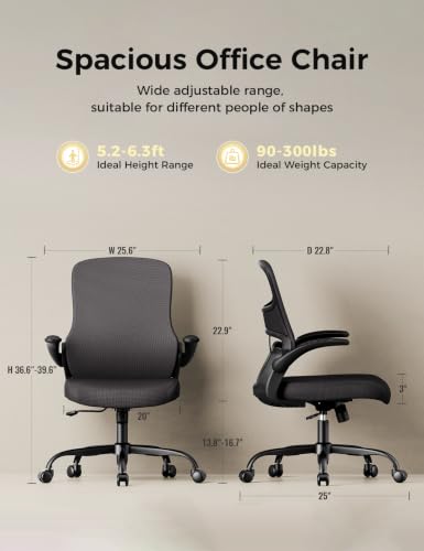 Ergonomic Mesh Office Chair with Flip-Up Armrests | Comfortable Lumbar Support / Comfy Padded Seat / Flip-Up Armrests / Breathable Mesh / Adjustable Height / 360° Swivel - color: Blk-blk