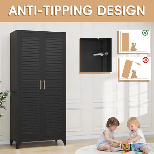Steeloong 71"Armoire Wardrobe Close,Black Wardrobe Cabinet with Hanging Rod | Metal Closet Cabinet with Doors and Adjustable Shelves,Freestanding Clothing Storage Cabinets for Bedroom Office,Gym,Hospital - color: Black, style: 71"H Wardrobe