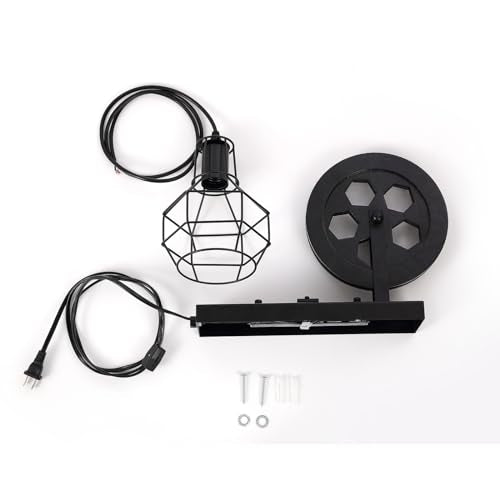 Plug in Wall Sconce Rustic Wall Light Lift Pulley Matte Iron Cage Shade Metal Black Industrial Mid Century Wall Lamp Indoor Lighting Barn Restaurant - color: Black-Plug in